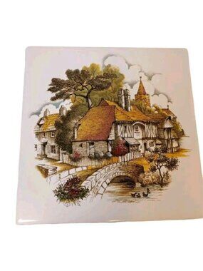 Scenic Cozy English Village Bridge Vtg Ceramic Trivet The Tile Shop San Diego 6"